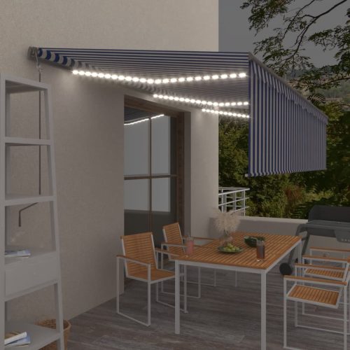 Kék és fehér redőnyös, szélérzékelős, LED-es napellenző 6x3 m