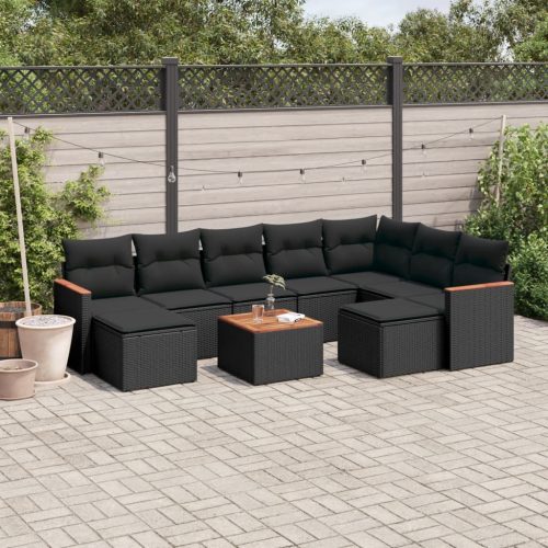 10 részes fekete polyrattan kerti ülőgarnitúra párnákkal