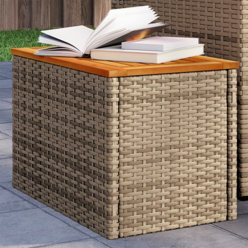 2 db bézs polyrattan és tömör fa kerti kisasztal 55x34x37 cm