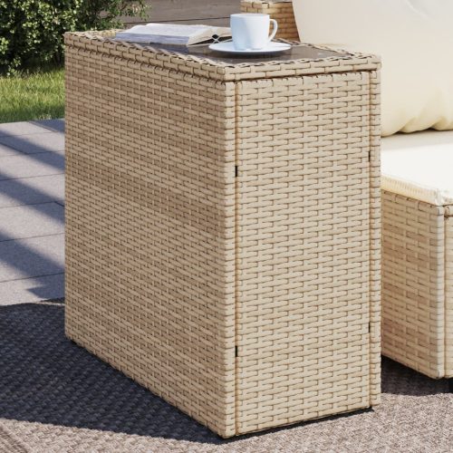 Bézs polyrattan kerti kisasztal üveg asztallappal 58x27,5x55 cm