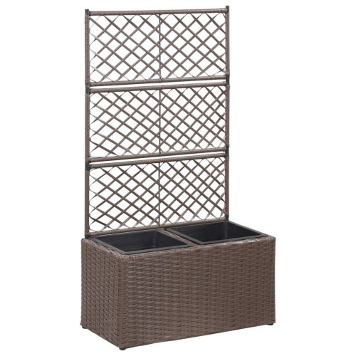 Barna rácsos polyrattan magaságyás 2 kaspóval 58 x 30 x 107 cm